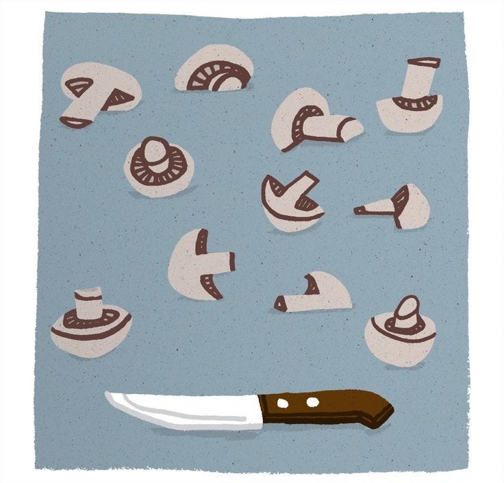 This may contain: an illustration of a large knife surrounded by cut out objects that look like hats and boots