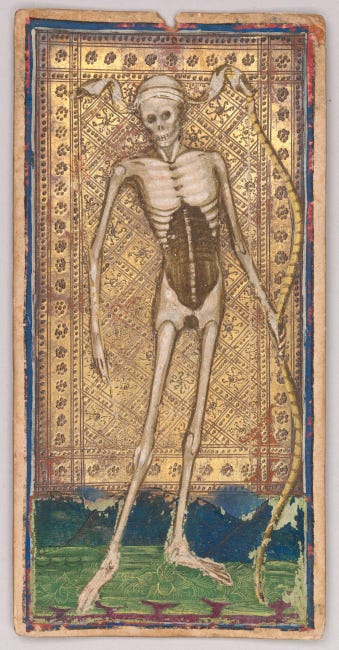 La personnification de la mort telle qu'on l'envisageait à Milan au XVème siècle : un grand squelette au crâne ailé.