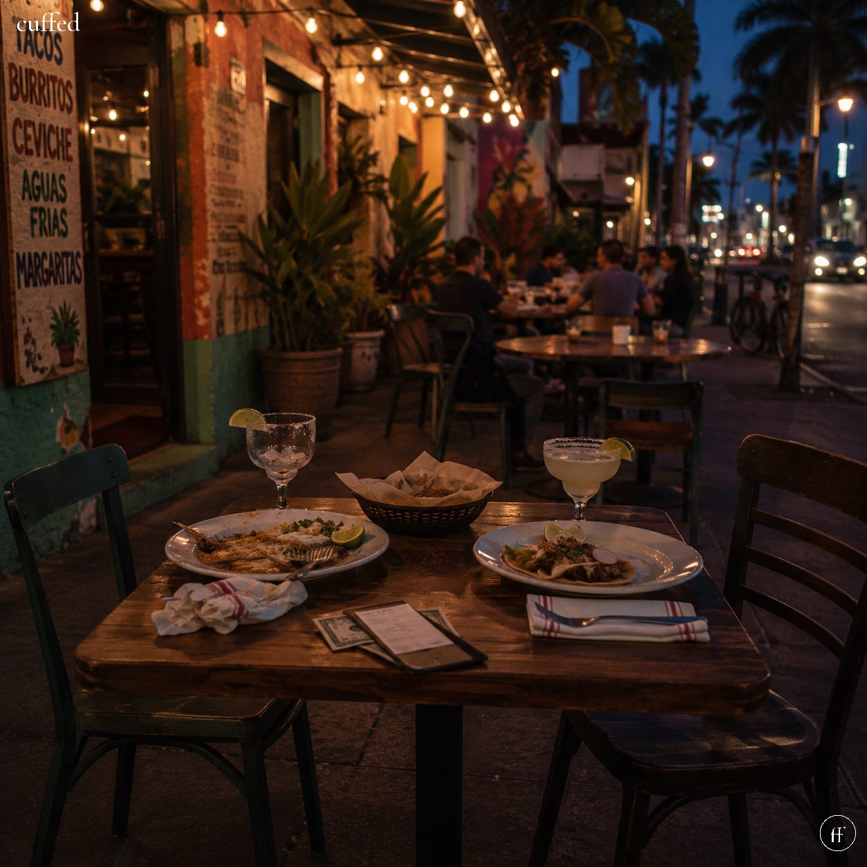 two plates of tacos and margaritas set for two at a lit outdoor taquería table at night, string lights and palm trees in the background, empty chairs facing each other — cuffed branding top-left, ff logo bottom-right. mood: anticipation, unspoken tension, a table set for a conversation that hasn't happened yet.