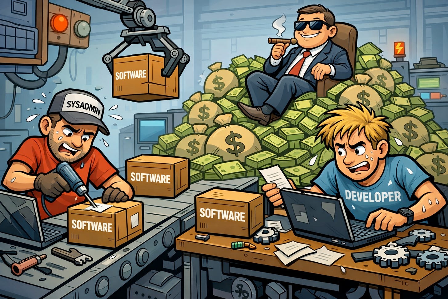 SysAdmin And Developer Rush to Make Software while Business Exec Greedily Watches SysAdmin And Developer Rush to Make Software while Business Exec Greedily Watches