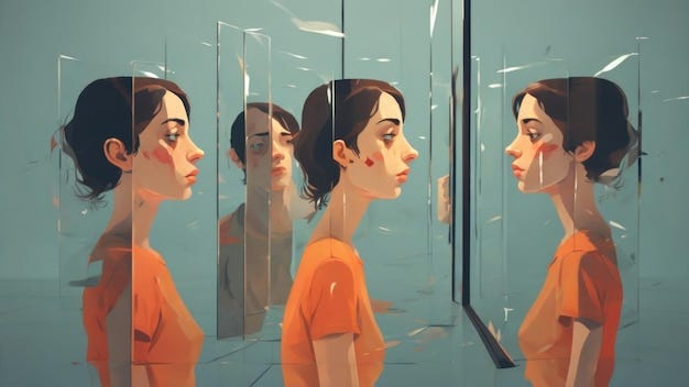 A person looks into a mirror and sees multiple reflections of themselves  each one representing a | Premium AI-generated image