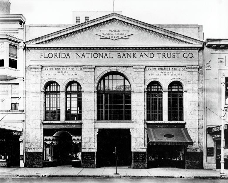 Figure 3: Exterior of Florida National Bank & Trust building at 118 East Flagler Street on June 29, 1934. Courtesy of Florida State Archives. Figure 3: Exterior of Florida National Bank & Trust building at 118 East Flagler Street on June 29, 1934. Courtesy of Florida State Archives.
