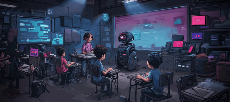 An animated classroom scene featuring a robot instructor standing in front of students sitting at desks with laptops. The room is filled with computer screens displaying code and digital interfaces. An animated classroom scene featuring a robot instructor standing in front of students sitting at desks with laptops. The room is filled with computer screens displaying code and digital interfaces.