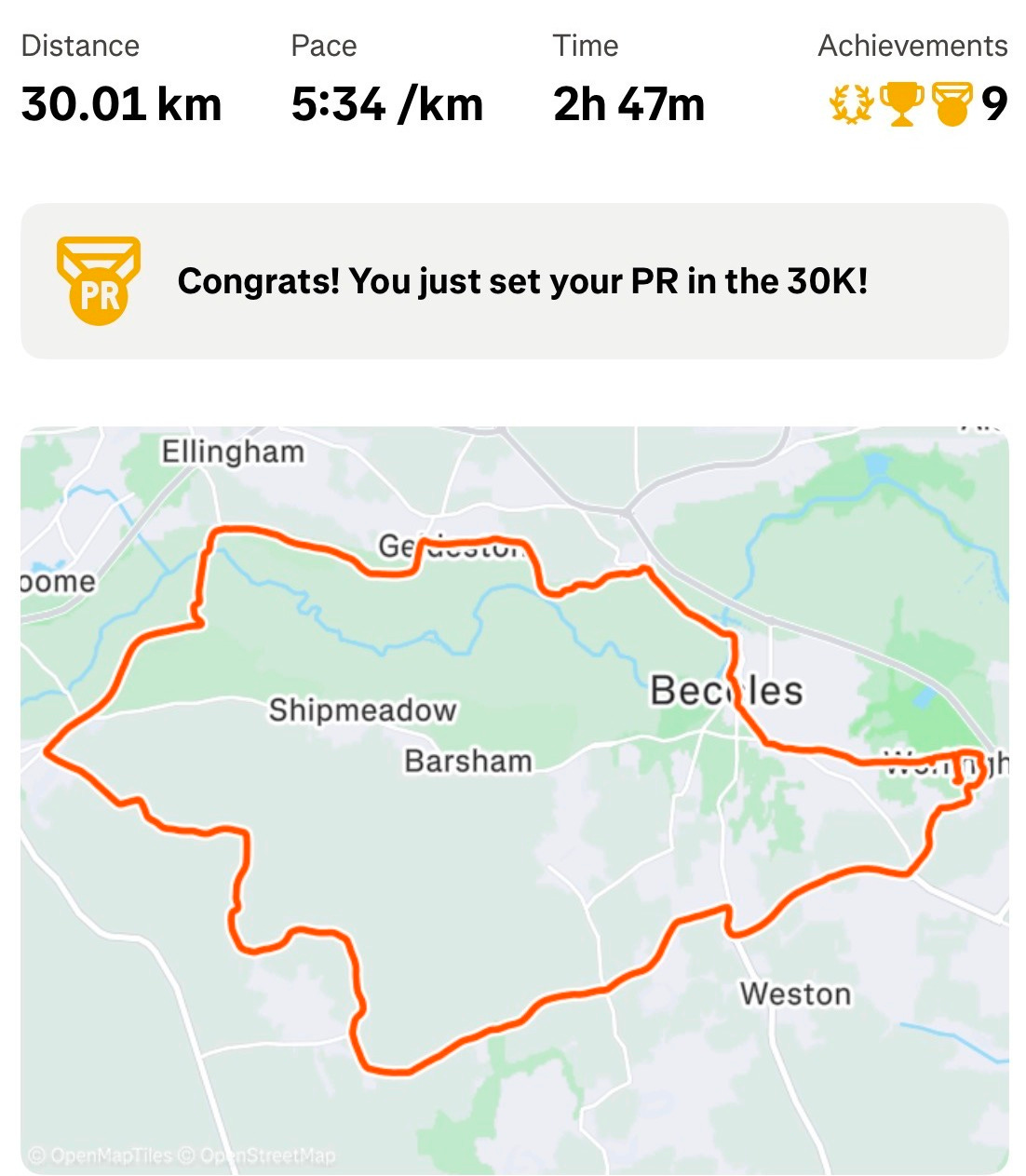 strava map of 30km route