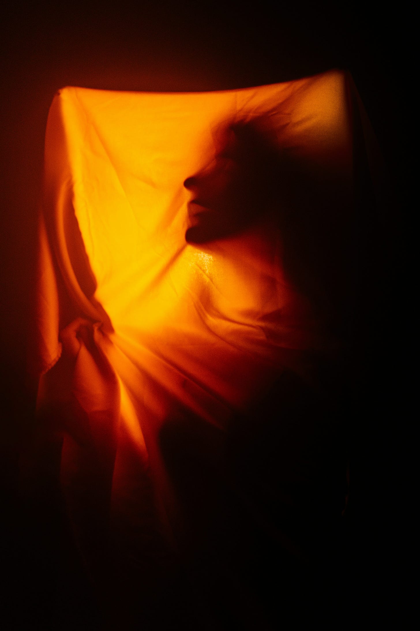 The shape of a woman can be seen behind a sheet.
