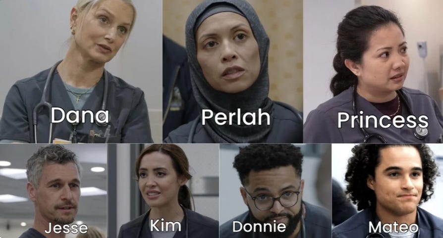 Seven close-ups of the cast of The Pitt who play nurses. All are wearing grey scrubs, and they're labeled by name -- "Dana," "Perlah" (who has a matching grey hijab), "Princess," "Kim," "Donnie," and "Mateo"