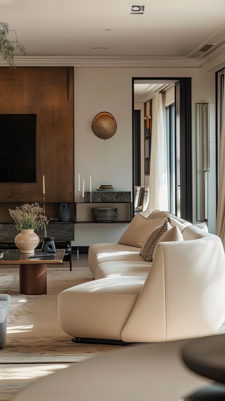 This may contain: a living room filled with furniture and a flat screen tv mounted on the wall above it