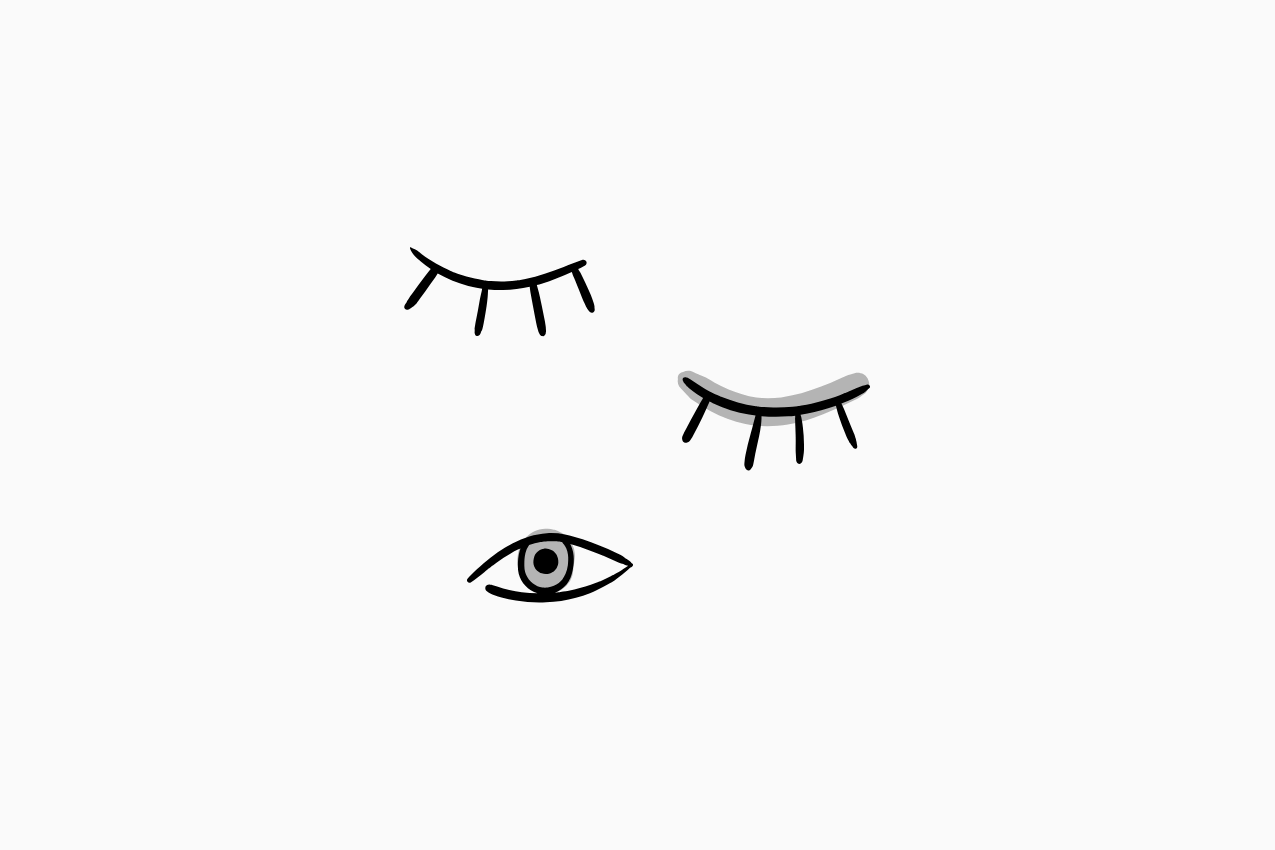 Title card for the Drawing Conclusions series at The Subtext Review, featuring three hand-drawn eyes in a staggered arrangement. A soft gray accent highlights the lid of one closed eye and the iris of the single open eye, representing the literary cartoon “The Macbeth Review.”