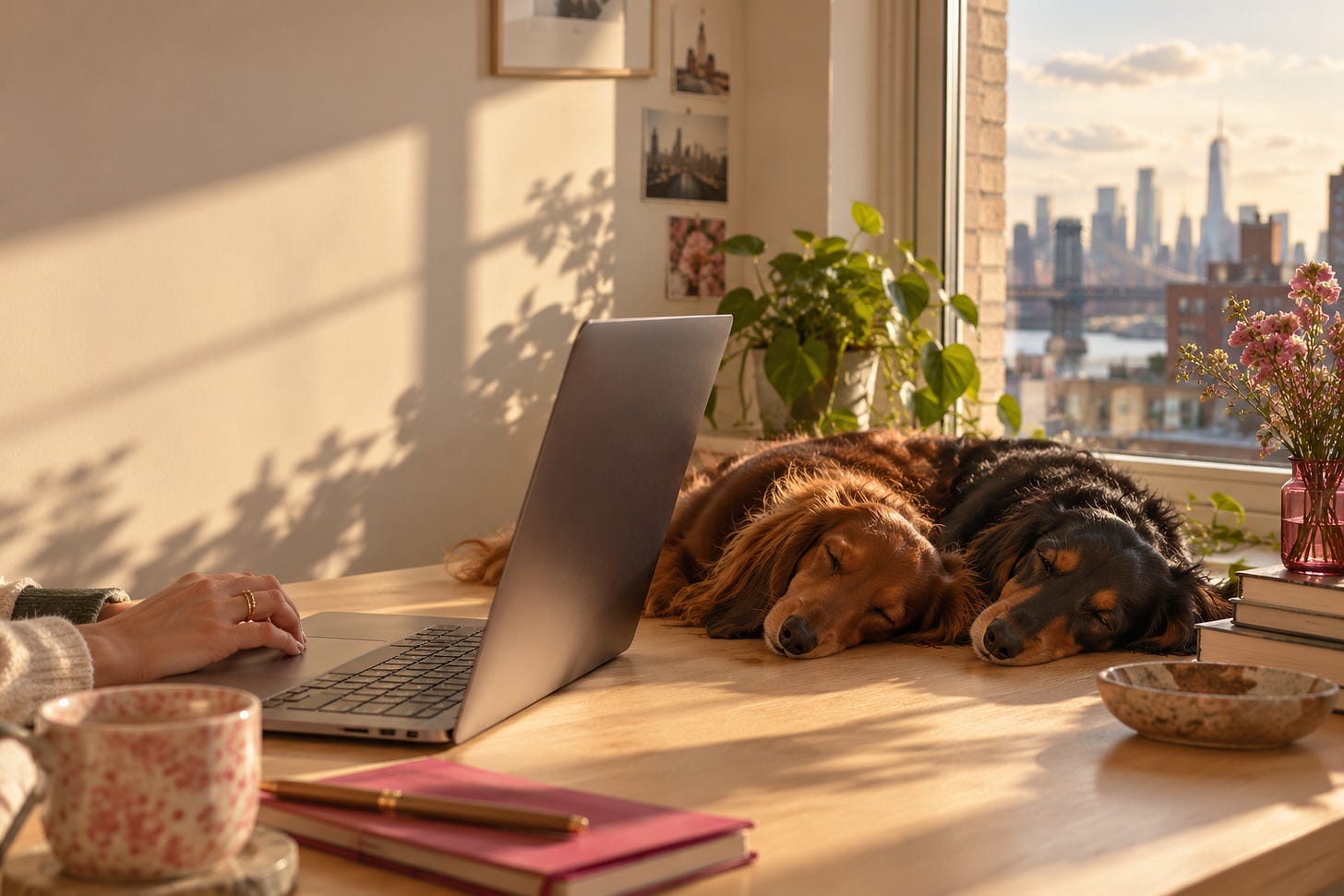 A laptop and two sleeping miniature dachshunds on a sunlit desk in a New York apartment.