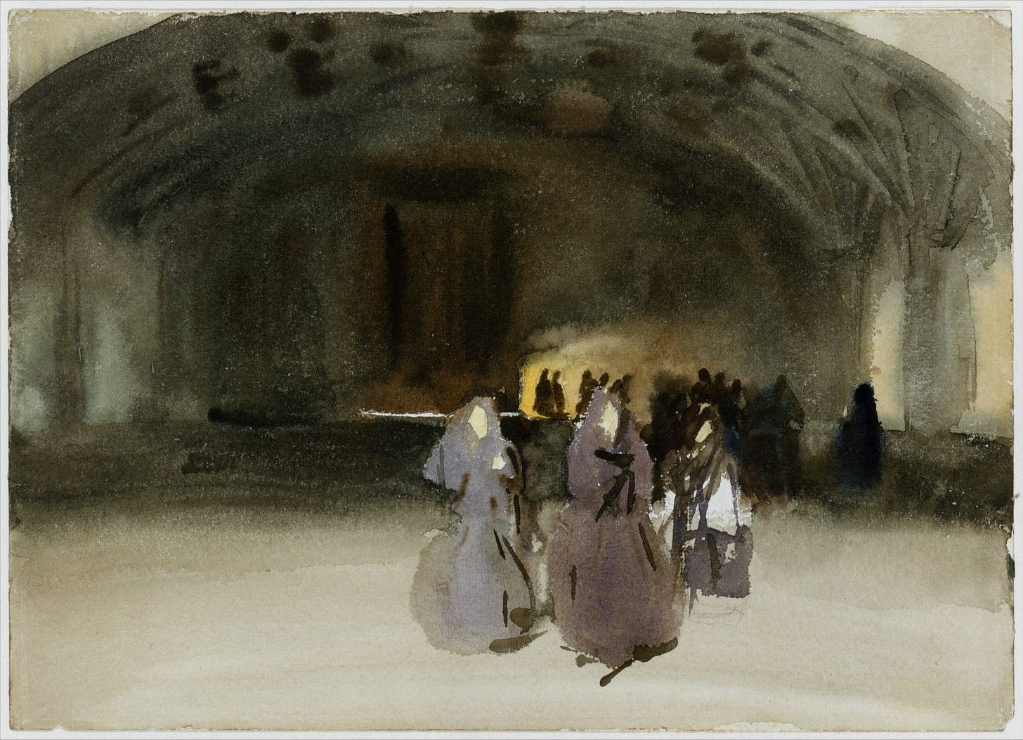 Watercolor and graphite on white wove paper from the 1890s. The style of the painting is indistinct, the figures being more representative than realistic. The colors shades of grey, black, and brown. At the center of the painting, three cloaked women appear to be approaching the viewer. More women gather behind them under what appears to be an awning above a stage.