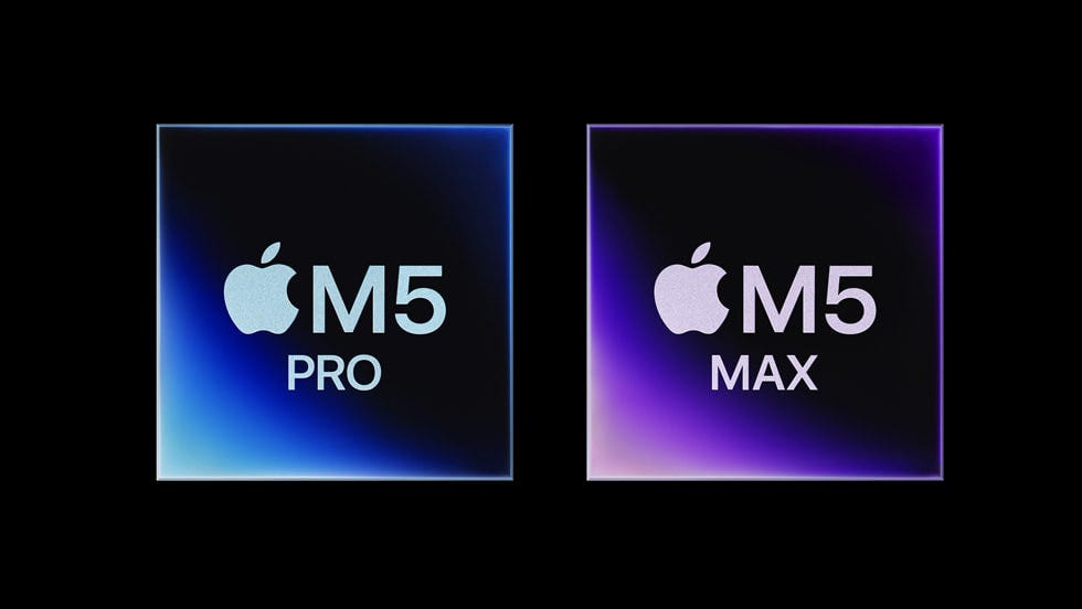 A graphic representation of Apple’s M5 Pro and M5 Max against a black background. A graphic representation of Apple’s M5 Pro and M5 Max against a black background.