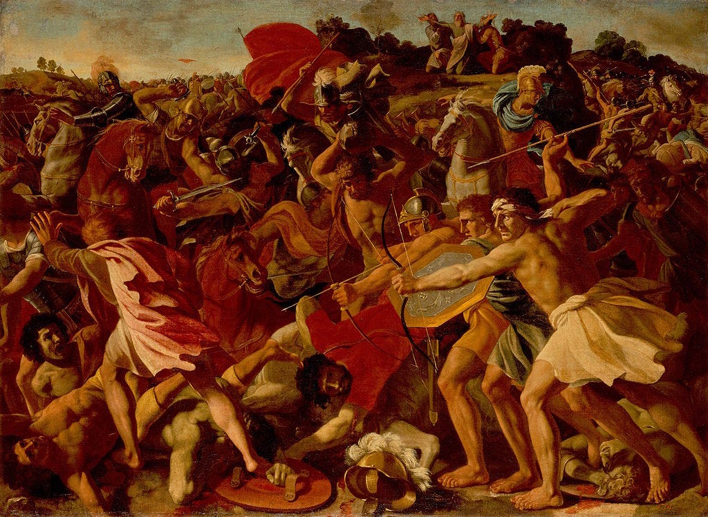 Close-up scene of men in battle using bows, arrows, spears and horses Close-up scene of men in battle using bows, arrows, spears and horses
