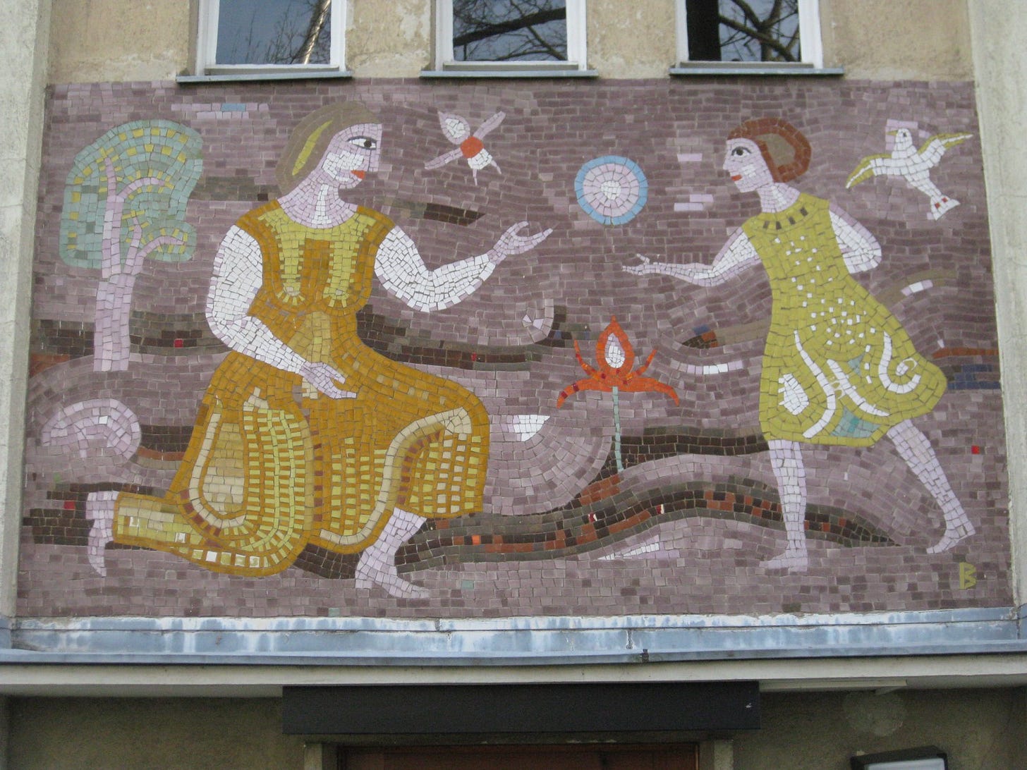 Arik Brauer's work entitled "Family", 1960, Wagramer Straße 164-168 Stiege 7, Vienna Donaustadt.