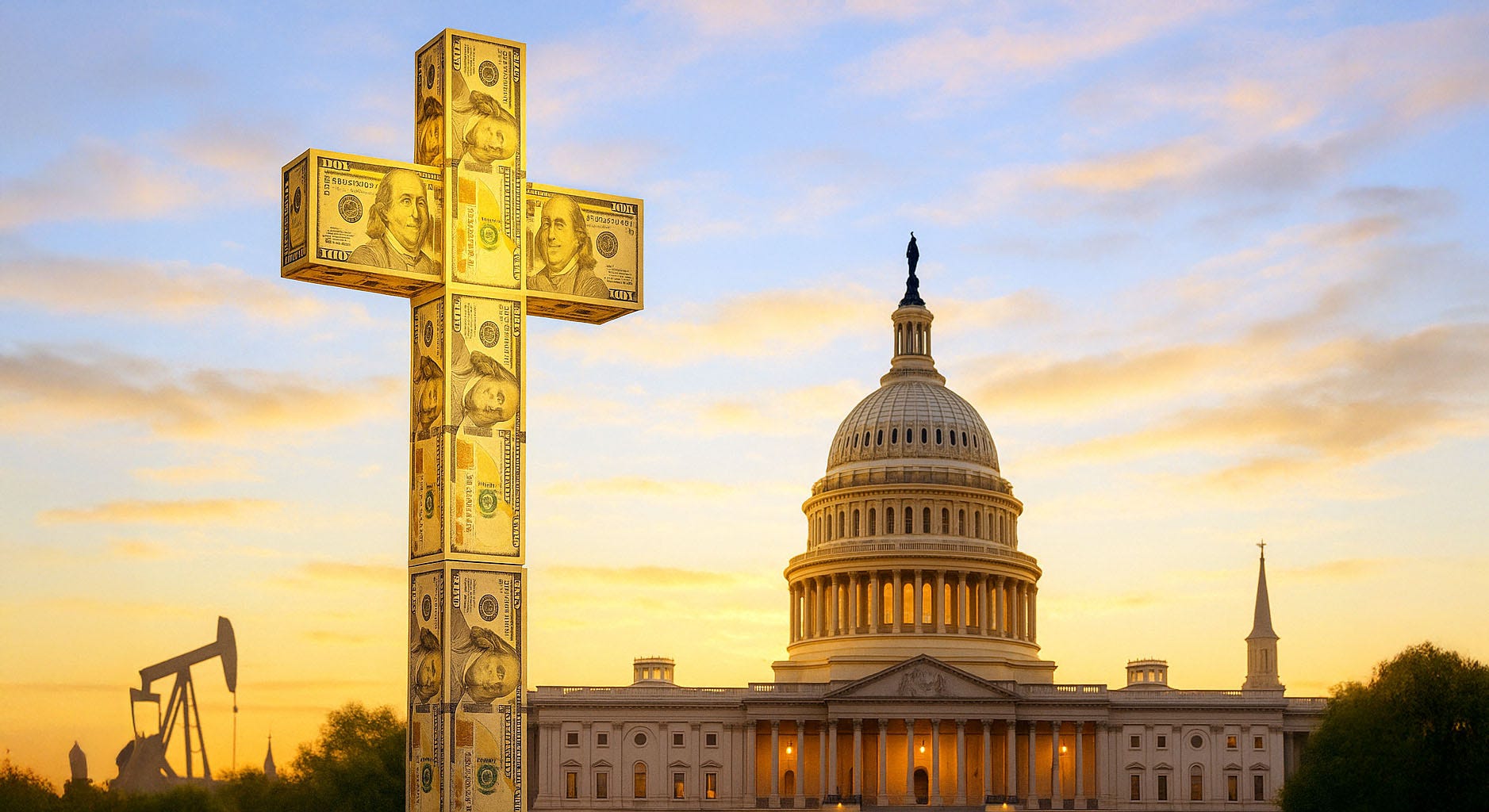 A glowing Christian cross made of dollar bills towers over the U.S. Capitol at sunset, symbolizing the power of wealthy Christian donors in American politics.