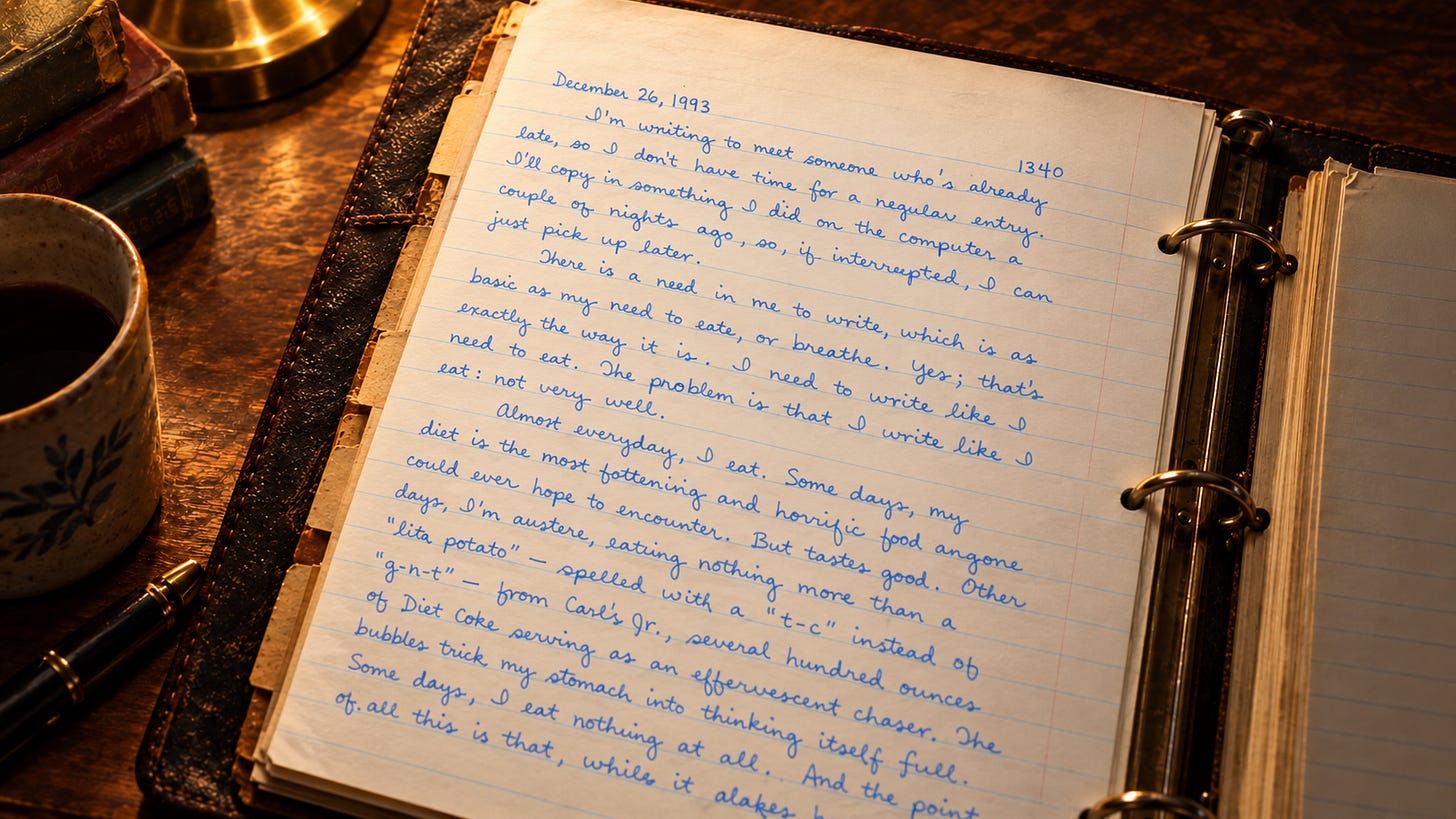 A watercolor and oil illustration of Rick Horowitz’s December 26, 1993 journal page, angled in an open binder on a warmly lit desk. The blue handwriting reads, “I need to write like I need to eat. The problem is that I write like I eat: not very well.”