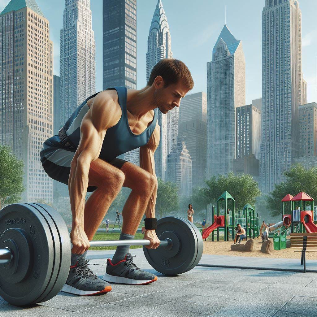 An ultra runner trying to lift a very light load in a city playground for kids