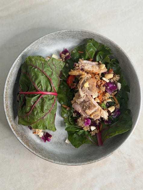 cabbage wraps, cauliflower shawarma, beef bowls