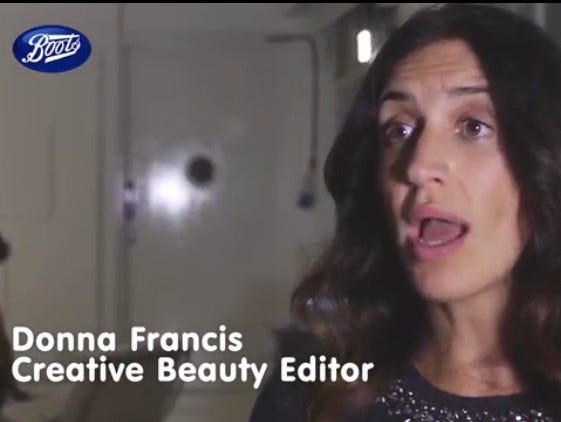 A close-up screenshot of Donna Francis speaking on camera as Creative Beauty Editor for a Boots UK behind-the-scenes campaign. A close-up screenshot of Donna Francis speaking on camera as Creative Beauty Editor for a Boots UK behind-the-scenes campaign.