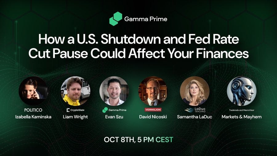 A green background with the Gamma Prime logo, a hexagonal design in white and green. Circular profile images of Izabella Kaminska, Liam Wright, Evan Szu, David Nicoski, Samantha LaDuc, and Markets & Mayhem. Text reading "How a U.S. Shutdown and Fed Rate Cut Pause Could Affect Your Finances" and "OCT 8TH, 5 PM CEST".