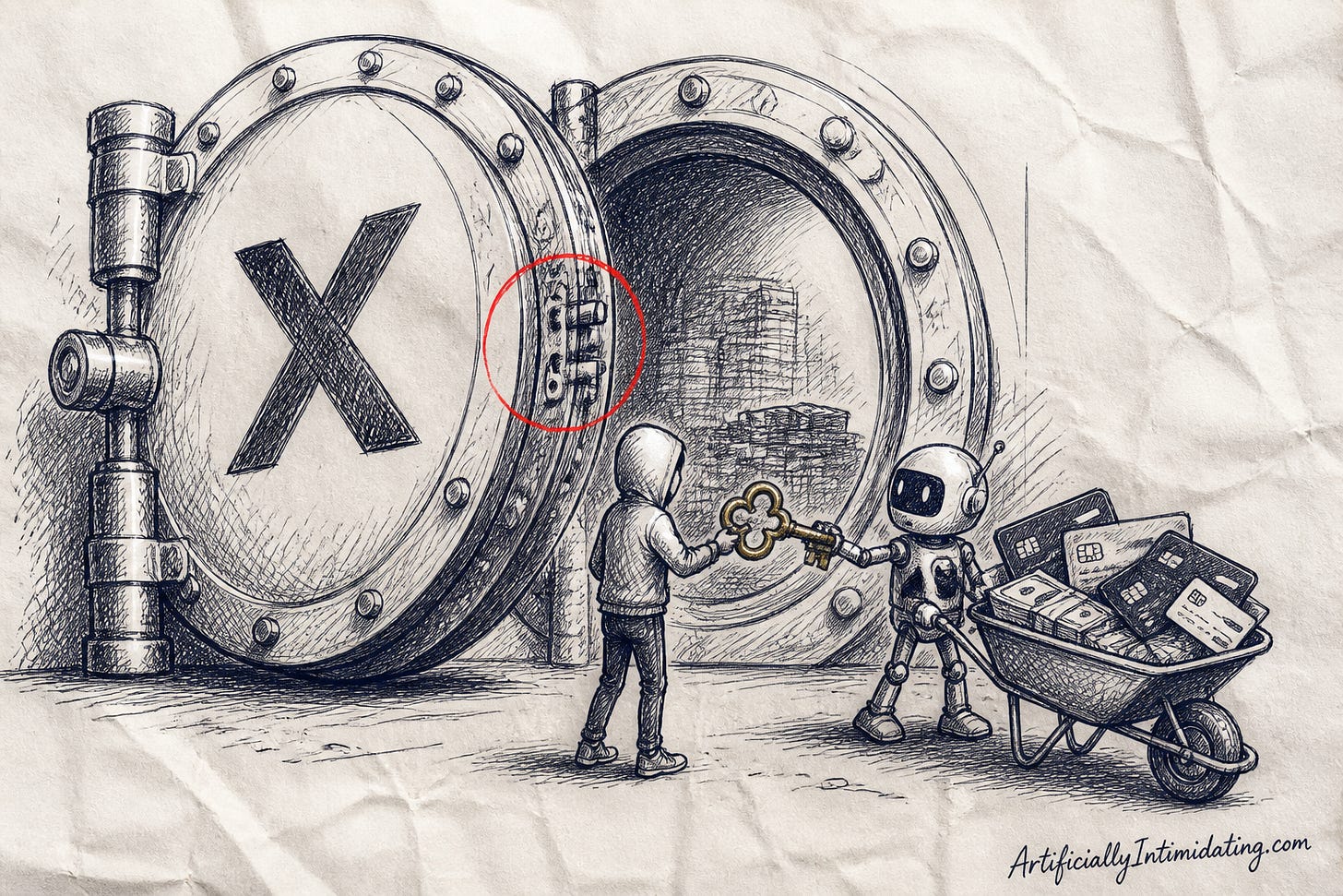 A hand-drawn illustration of a giant bank vault door embossed with an X mark, wide open, as a small faceless robot wheels away a wheelbarrow of credit cards and cash after being handed a giant brass key. A hand-drawn illustration of a giant bank vault door embossed with an X mark, wide open, as a small faceless robot wheels away a wheelbarrow of credit cards and cash after being handed a giant brass key.