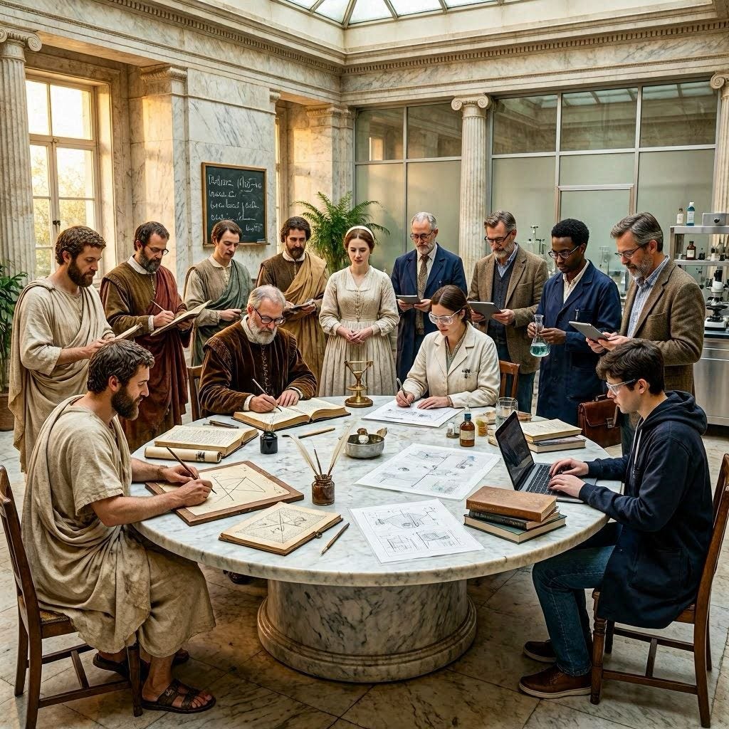 An image of intellectuals across time from ancient Greeks to modern scientists gathered together to solve problems An image of intellectuals across time from ancient Greeks to modern scientists gathered together to solve problems