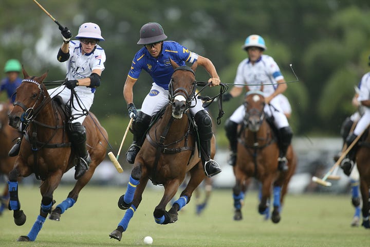 (L) Park Place Hilario Ulloa and Valiente Rufino Merlos (©David Lominska) (R) Park Place's Hilario Ulloa jumps on the ball challenged by Valiente's Adolfo Cambiaso (©David Lominska)