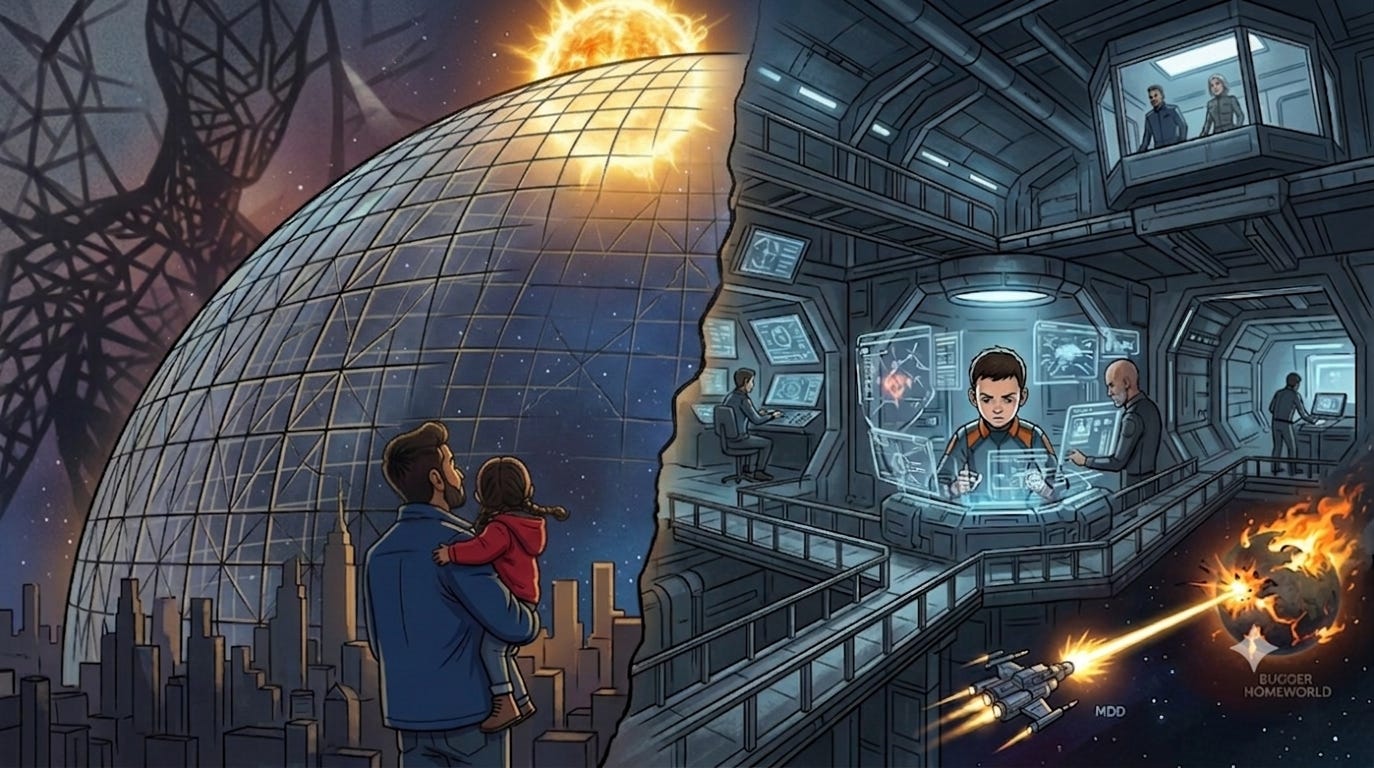 A split-panel illustration comparing themes of sci-fi. On the left, a South Asian father holds his young daughter in front of a city covered by a giant cracking protective dome, with a glowing sun positioned above it and a shadowy cosmic entity looming in space. On the right, a young boy in a futuristic command center directs a space fleet targeting a burning planet. A split-panel illustration comparing themes of sci-fi. On the left, a South Asian father holds his young daughter in front of a city covered by a giant cracking protective dome, with a glowing sun positioned above it and a shadowy cosmic entity looming in space. On the right, a young boy in a futuristic command center directs a space fleet targeting a burning planet.