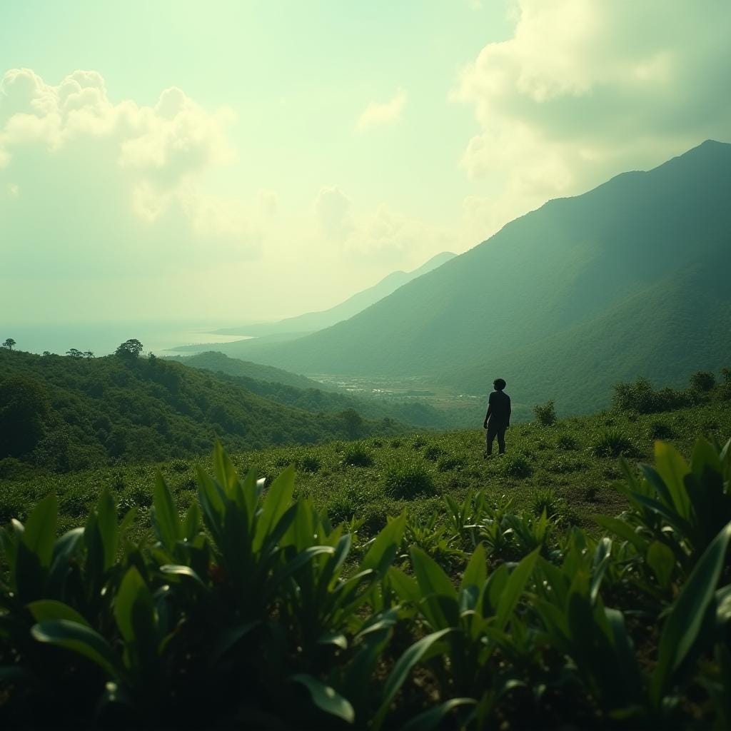 Panoramic of a sweeping Jamaican landscape, with a warm, nostalgic film grain, subtle vignette, and rich color grading, evoking the style of legendary filmmakers Terrence Malick and Emmanuel Lubezki, with the atmospheric lighting and epic scope reminiscent of iconic cinematographer, Roger Deakins, capturing the nuanced interplay between sustainable development and planning, as a lone figure in the distance tends to a lush, verdant forest, with the majestic Blue Mountains rising in the background, a dramatic testament to the island nation's natural beauty and the importance of responsible stewardship, resulting in a visually stunning, emotionally resonant masterpiece.