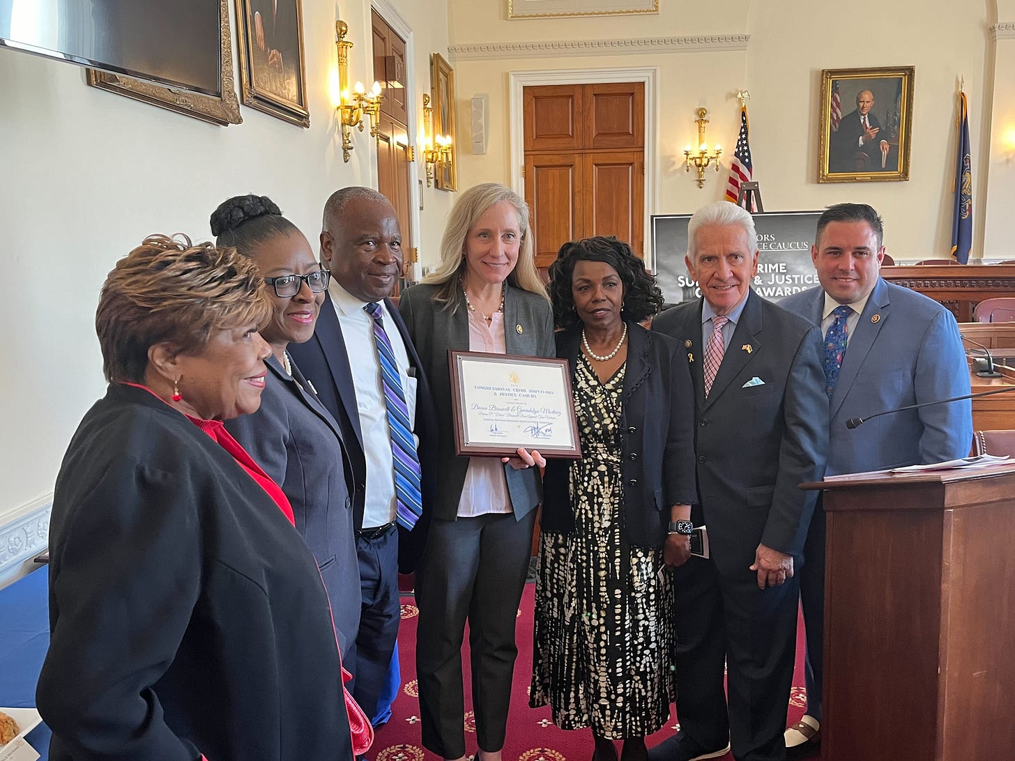 Baron Braswell and Gwendolyn Martinez flank Rep. Abigail Spanberger at the U.S. Capitol on Tuesday, April 16. Braswell and Martinez received an award for their work preventing teen violence in Virginia. Photo courtesy Spanberger's office.