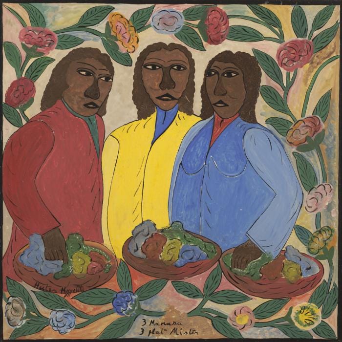 A painting of three Black women standing next to each other. They are all shown from the waist up. They wear jackets or robes. The woman on the left wears a rose red jacket, the one in the center vibrant yellow, and the woman in the right a periwinkle blue. They are surrounded on the edges of the painting with vines of pink, blue, and orange flowers. Each has a basket in front of them with the same color flowers. A painting of three Black women standing next to each other. They are all shown from the waist up. They wear jackets or robes. The woman on the left wears a rose red jacket, the one in the center vibrant yellow, and the woman in the right a periwinkle blue. They are surrounded on the edges of the painting with vines of pink, blue, and orange flowers. Each has a basket in front of them with the same color flowers.
