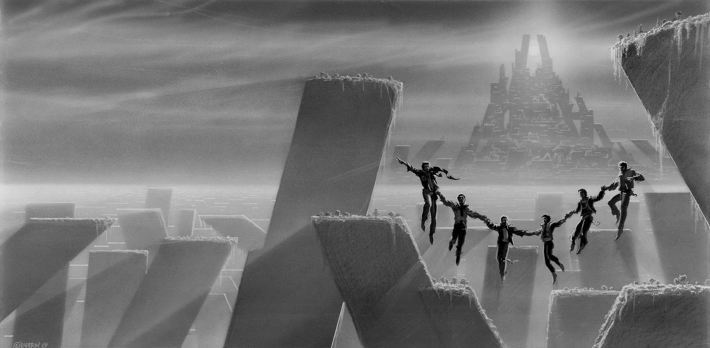 Concept 1 for VICTORY, rendered tonally and featuring an abstract landscape of concrete pylons rising diagonally to imply V shapes. The six Jackson brothers float hand-in-hand on the right side of the panel forming another V with a futuristic city behind them on the horizon. The columns rise higher to frame them and the city.