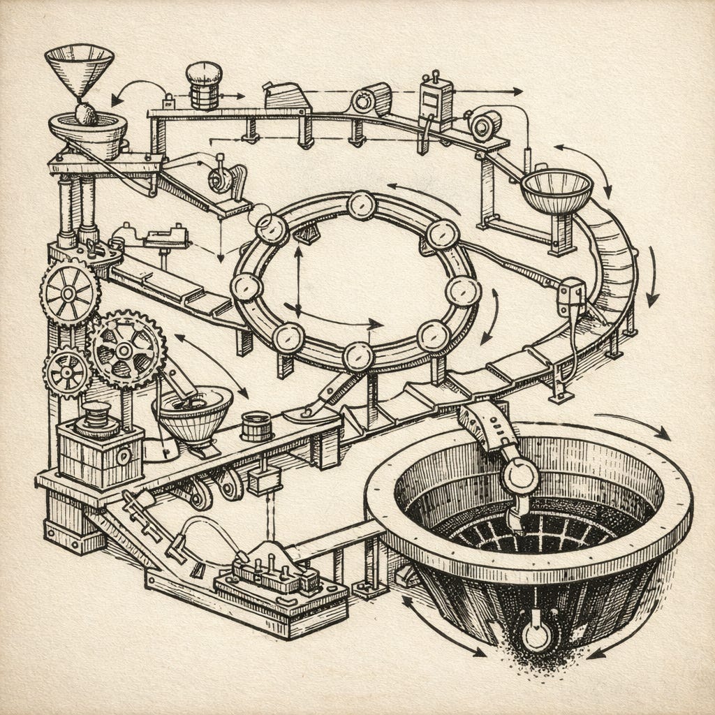 Square, vintage patent-style schematic of a Rube Goldberg machine. A single coin drops into a funnel at the top left, travels along ramps, gears, and a looping track, then exits down a chute into an oversized floor drain at the bottom right, visually emphasizing an elaborate process that ends with money going straight down the drain. Square, vintage patent-style schematic of a Rube Goldberg machine. A single coin drops into a funnel at the top left, travels along ramps, gears, and a looping track, then exits down a chute into an oversized floor drain at the bottom right, visually emphasizing an elaborate process that ends with money going straight down the drain.