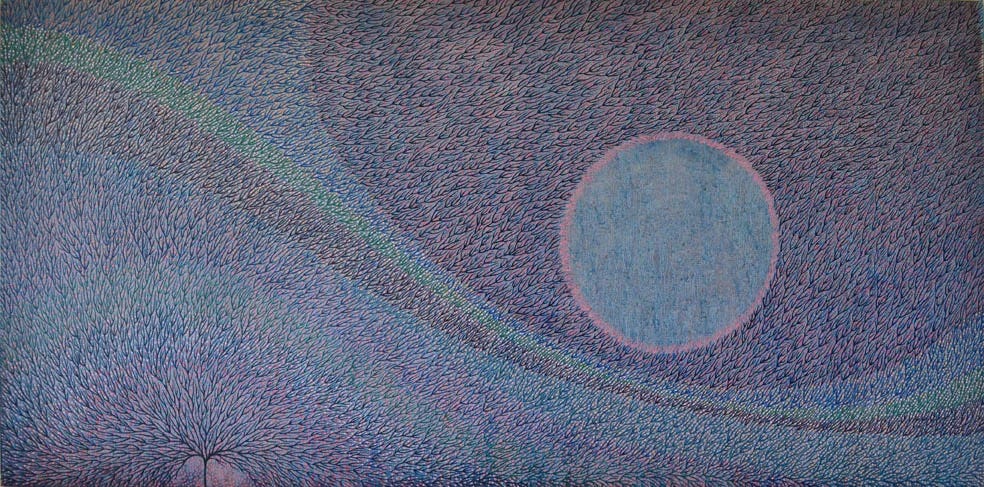 A swirling horizontal abstract painting. At first, the dominant subject seems to be a large circle -- perhaps a full moon? -- in the right side of the frame. But then you notice that the entire background appears to be crosshatched, almost pointillist, and that all the cross-hatchings seem to originate at the lower left, as endlessly branching limbs of a tree...
