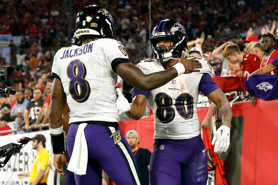 Lamar Jackson and Isaiah Likely of the Baltimore Ravens Lamar Jackson and Isaiah Likely of the Baltimore Ravens
