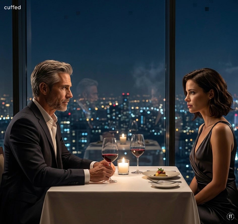 a man and woman sit across from each other at a candlelit dinner table high above a city at night. wine glasses between them. both looking at each other but not quite reaching. the distance between them holds more than the silence. lowercase black serif text reads "cuffed" top left. black fused ff logo bottom right. cinematic mood. dark intimacy. masculine introspection. keywords: emotional consistency quote, trust in relationships, masculine emotional intelligence, couple disconnect, cuffed media