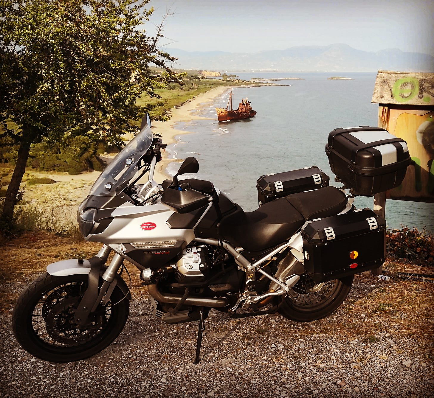 Greece, moto guzzi stelvio, shipwreck