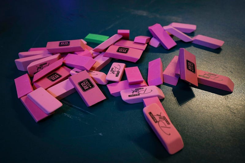 Pile of strewn pink block erasers