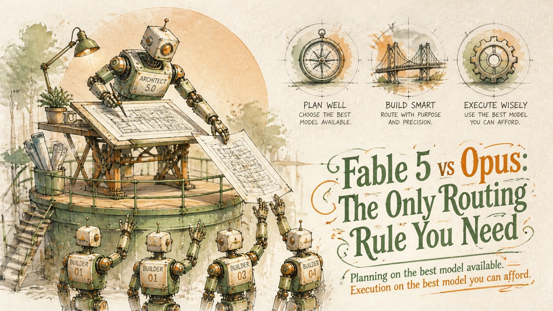 Hero illustration of Claude Fable 5 as an architect handing blueprints to Opus 4.8 builder models — the model-routing rule — with the article title and subtitle overlaid.