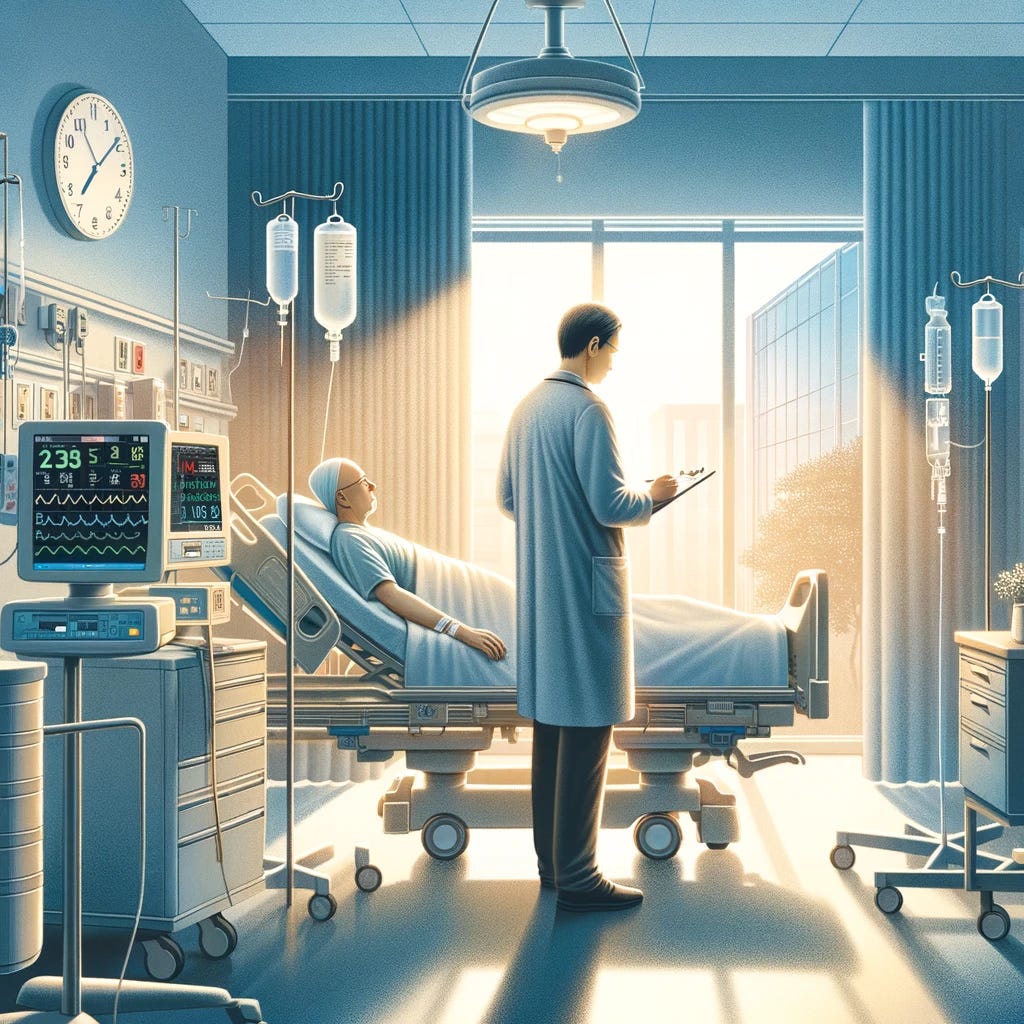 An illustration showing a serene hospital setting with a focus on postoperative care. In the foreground, a healthcare professional is attentively monitoring a patient who is resting comfortably in a hospital bed. The room is filled with medical equipment that hints at advanced monitoring capabilities, such as a vital signs monitor and an IV stand, but without any visible text or numbers. The atmosphere is calm and reassuring, with soft lighting and a window that lets in natural light, symbolizing hope and recovery. The overall mood conveys a sense of vigilant care and personalized attention to patient needs, reflecting the article's focus on the importance of tailored postoperative management for cancer surgery patients.