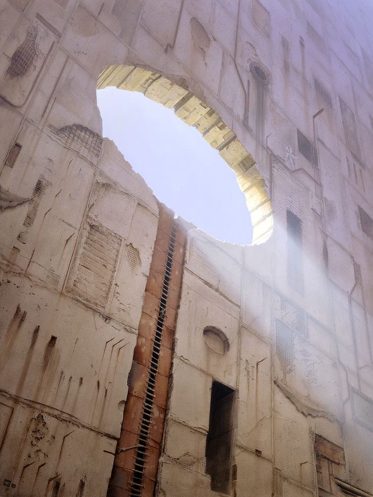 Light slants down through a circular opening set in a massive stone wall. The perspective is low angle and off-center to present the scale of the environment to dizzying effect. The surface of the facade, worn by ages, is textured concrete—pale. Details of rectangular panels vary throughout to provide endless visual interest. Tattered cloth drapes across some. Rust stains trail off of exposed metal of pipes jutting out. Water stains drip down out of circular recesses. Exposed rebar shows through from years of erosion. Beneath the immense oculus, the line of a tall channel of rusted plates leads up, suggesting the stem of a magnifying glass as light pores through the opening in an intense, hazy plane of radiance. Tiny in scale, a figure struggles up a trail of boards, a makeshift ladder mounted across the gap between rusted plates. Light slants down through a circular opening set in a massive stone wall. The perspective is low angle and off-center to present the scale of the environment to dizzying effect. The surface of the facade, worn by ages, is textured concrete—pale. Details of rectangular panels vary throughout to provide endless visual interest. Tattered cloth drapes across some. Rust stains trail off of exposed metal of pipes jutting out. Water stains drip down out of circular recesses. Exposed rebar shows through from years of erosion. Beneath the immense oculus, the line of a tall channel of rusted plates leads up, suggesting the stem of a magnifying glass as light pores through the opening in an intense, hazy plane of radiance. Tiny in scale, a figure struggles up a trail of boards, a makeshift ladder mounted across the gap between rusted plates.