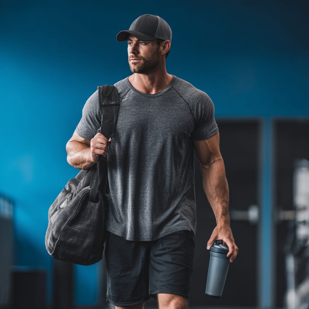 Strong male athlete walking through the gym drinking a protein shake. 