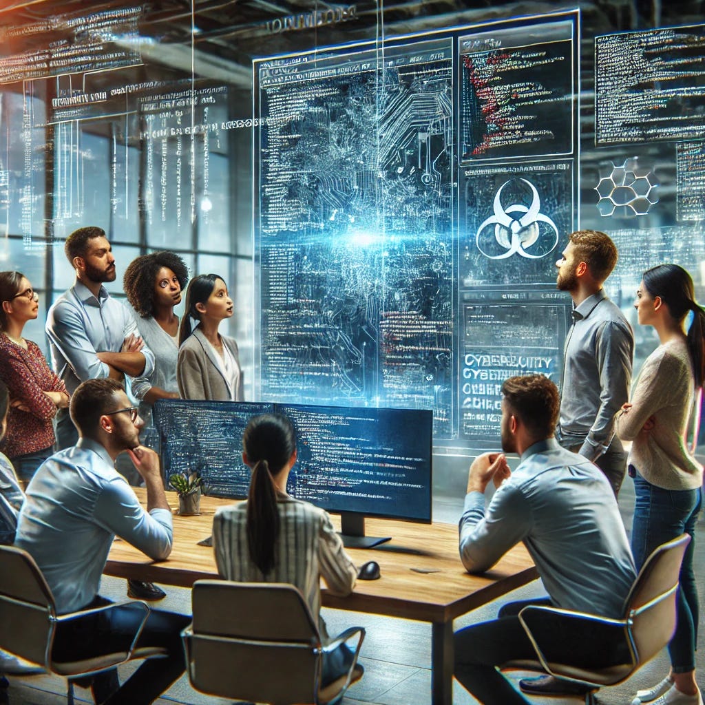 A diverse group of people gathered around a computer, observing a screen displaying complex code and cybersecurity hacks. The scene is set in a modern, high-tech office with digital displays and holographic interfaces. The group appears engaged and thoughtful, discussing and analyzing the hacks shown on the screen. The background includes elements like charts and diagrams related to cybersecurity, creating an environment of collaborative problem-solving and innovation.