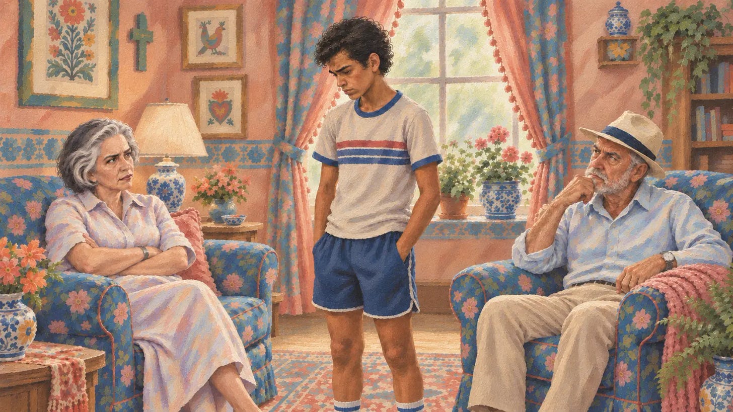 Gouache-style illustration of a Mexican American voice standing with his head lowered and hands in his pockets between two seated older adults. The woman folds her arms while the man watches with a hand against his chin. Floral upholstery, peach walls, religious art, and potted plants fill the sunlit living room. Gouache-style illustration of a Mexican American voice standing with his head lowered and hands in his pockets between two seated older adults. The woman folds her arms while the man watches with a hand against his chin. Floral upholstery, peach walls, religious art, and potted plants fill the sunlit living room.