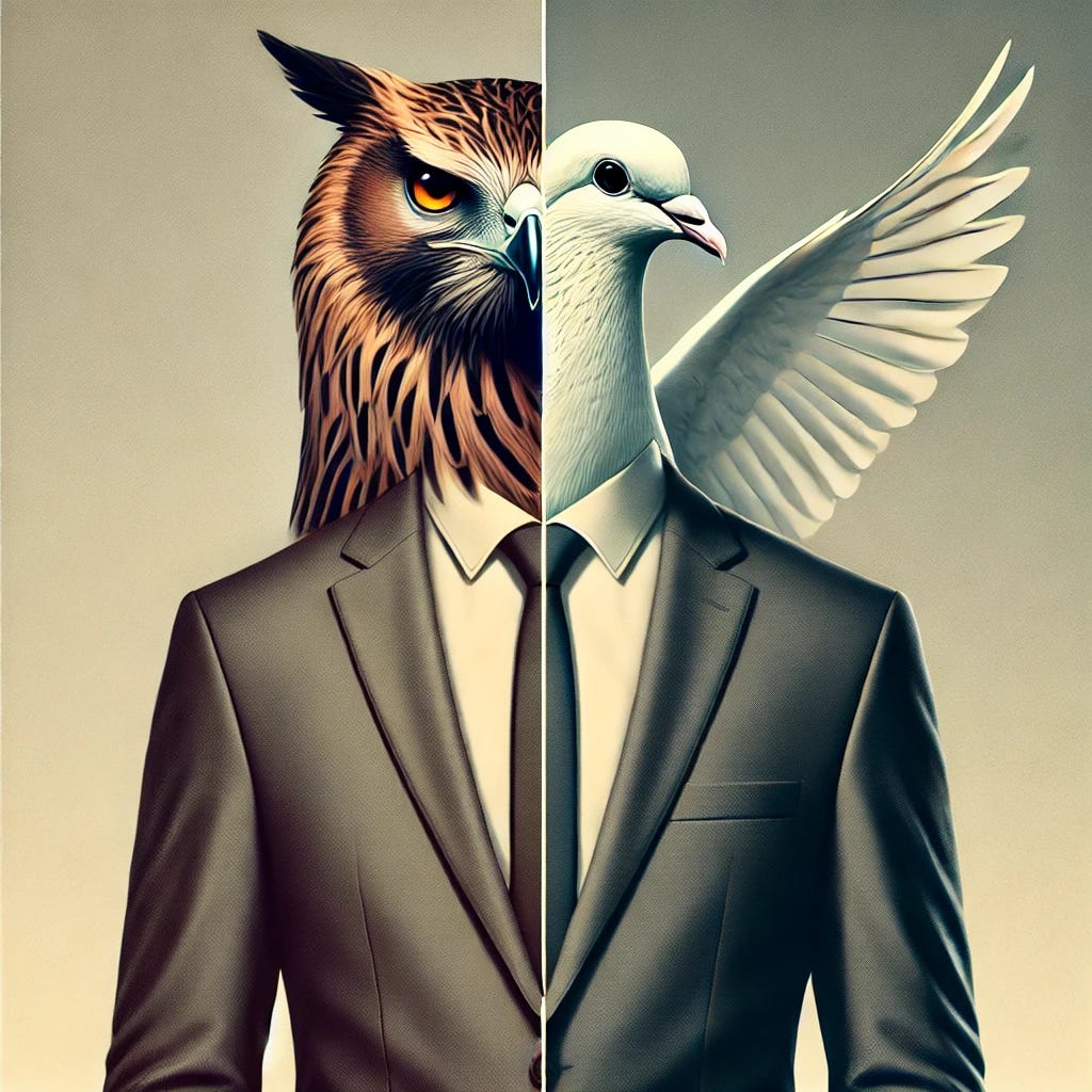 A surreal illustration of two bankers in suits standing side by side. The banker on the left has a hawk instead of a face, with sharp eyes and fierce expression, symbolizing aggression and power. The banker on the right has a dove instead of a face, with a peaceful and calm demeanor, symbolizing diplomacy and harmony. The background is a neutral gradient, emphasizing the contrast between the two figures.