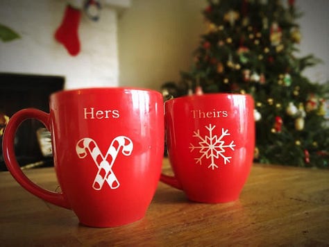 A series of photos of Andrea and Meg on Christmases throughout the years, usually featuring trees, lights, Santa outfits, and dogs in festive sweaters. There are also two red holiday mugs, one that says "Hers", and its pair, that says, "Theirs"