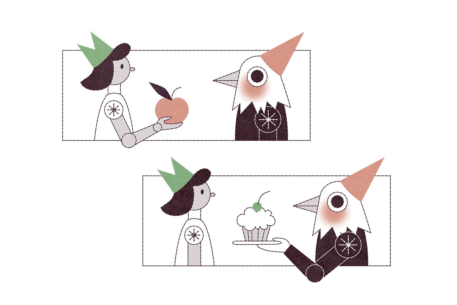 Two illustrations of a woman in a green hat giving an apple to a bird-headed figure in a red hat, and the bird figure giving the woman a cupcake with a little green cherry on top in exchange. Two illustrations of a woman in a green hat giving an apple to a bird-headed figure in a red hat, and the bird figure giving the woman a cupcake with a little green cherry on top in exchange.