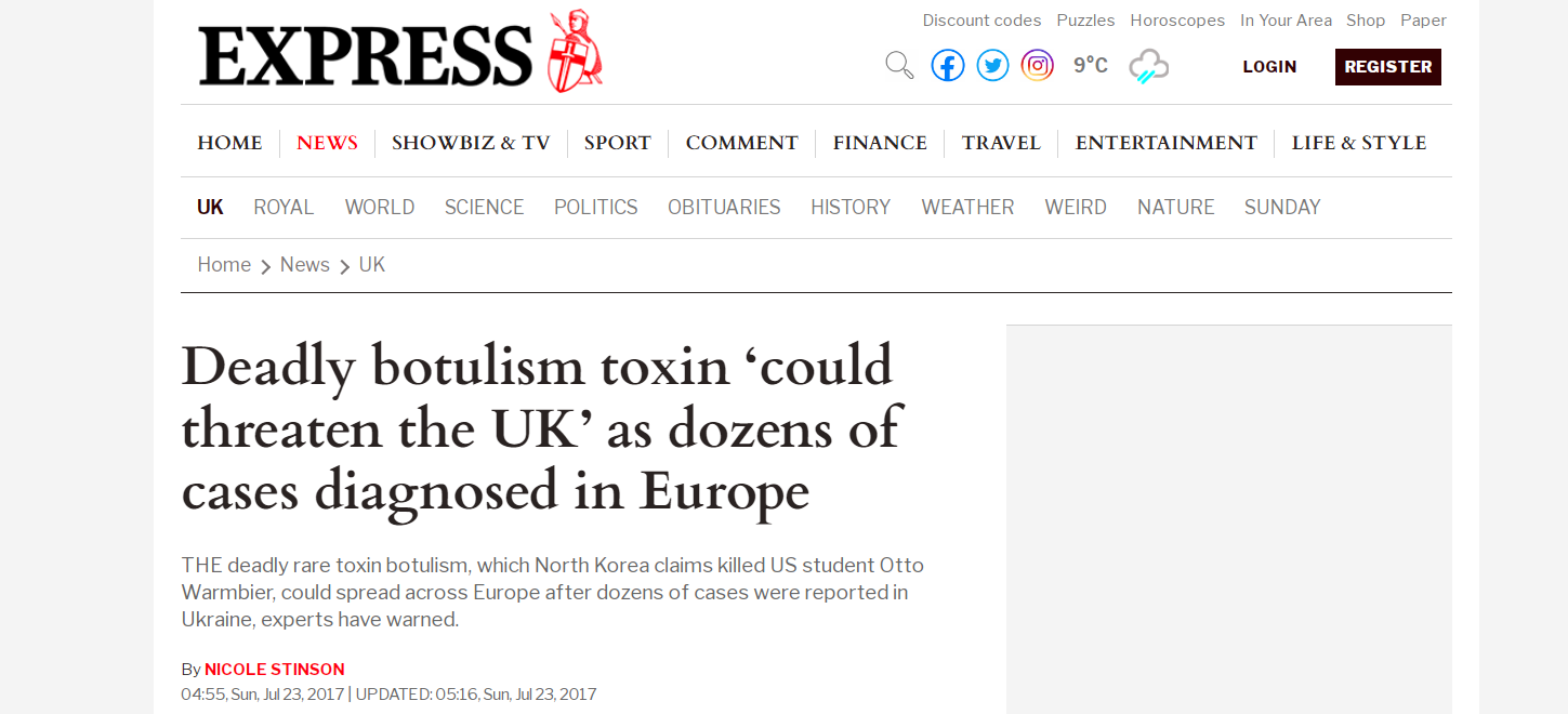 Screenshot of a report on the increase in cases of botulinum toxin poisoning in Ukraine in 2017 from express.co.uk Screenshot of a report on the increase in cases of botulinum toxin poisoning in Ukraine in 2017 from express.co.uk