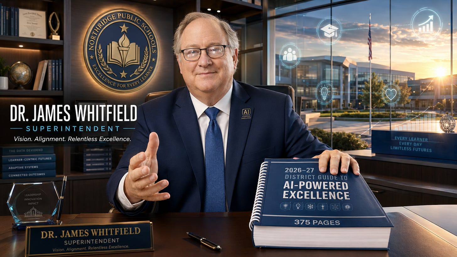 Deliberately AI-slop-style portrait of Superintendent James Whitfield smiling beside the 375-page District Guide to AI-Powered Excellence. Deliberately AI-slop-style portrait of Superintendent James Whitfield smiling beside the 375-page District Guide to AI-Powered Excellence.