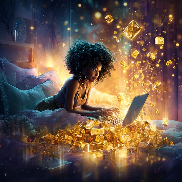 A beautiful black woman resting in bed working on her legacy while representations of divine downloads (ideas) swirl around her. By Affirmed Visionary