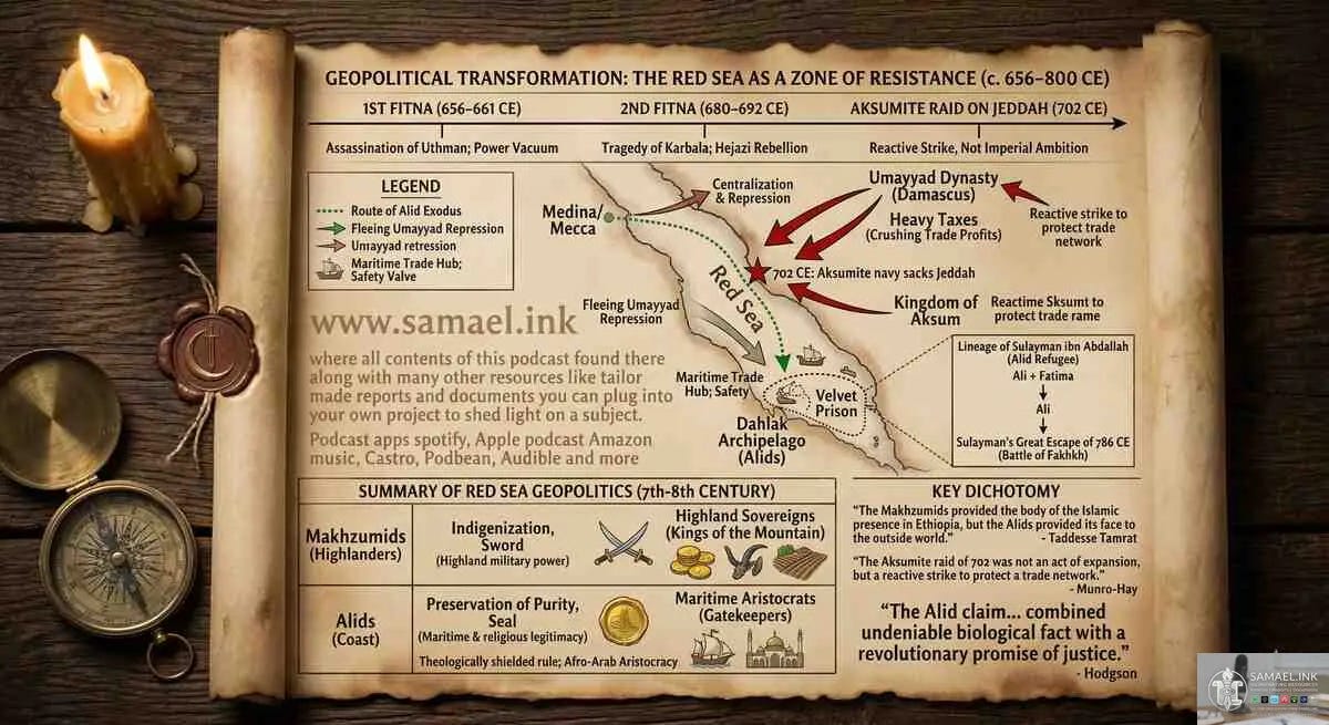An infographic styled as an aged parchment scroll resting on a wooden table alongside a burning candle and a brass compass. The map focuses on the Red Sea region between 656 and 800 CE, illustrating the geopolitical transformation of the area as a zone of resistance. It depicts movement routes from Medina and Mecca toward the Dahlak Archipelago and the Kingdom of Aksum, specifically highlighting the Alid exodus and flight from Umayyad repression. A red star marks the 702 CE Aksumite naval sack of Jeddah. Tables and text blocks break down the roles of the Makhzumids as highland sovereigns and the Alids as maritime aristocrats, supported by quotes from historians like Taddesse Tamrat and Munro-Hay. The branding www.samael.ink is visible on the left side. An infographic styled as an aged parchment scroll resting on a wooden table alongside a burning candle and a brass compass. The map focuses on the Red Sea region between 656 and 800 CE, illustrating the geopolitical transformation of the area as a zone of resistance. It depicts movement routes from Medina and Mecca toward the Dahlak Archipelago and the Kingdom of Aksum, specifically highlighting the Alid exodus and flight from Umayyad repression. A red star marks the 702 CE Aksumite naval sack of Jeddah. Tables and text blocks break down the roles of the Makhzumids as highland sovereigns and the Alids as maritime aristocrats, supported by quotes from historians like Taddesse Tamrat and Munro-Hay. The branding www.samael.ink is visible on the left side.